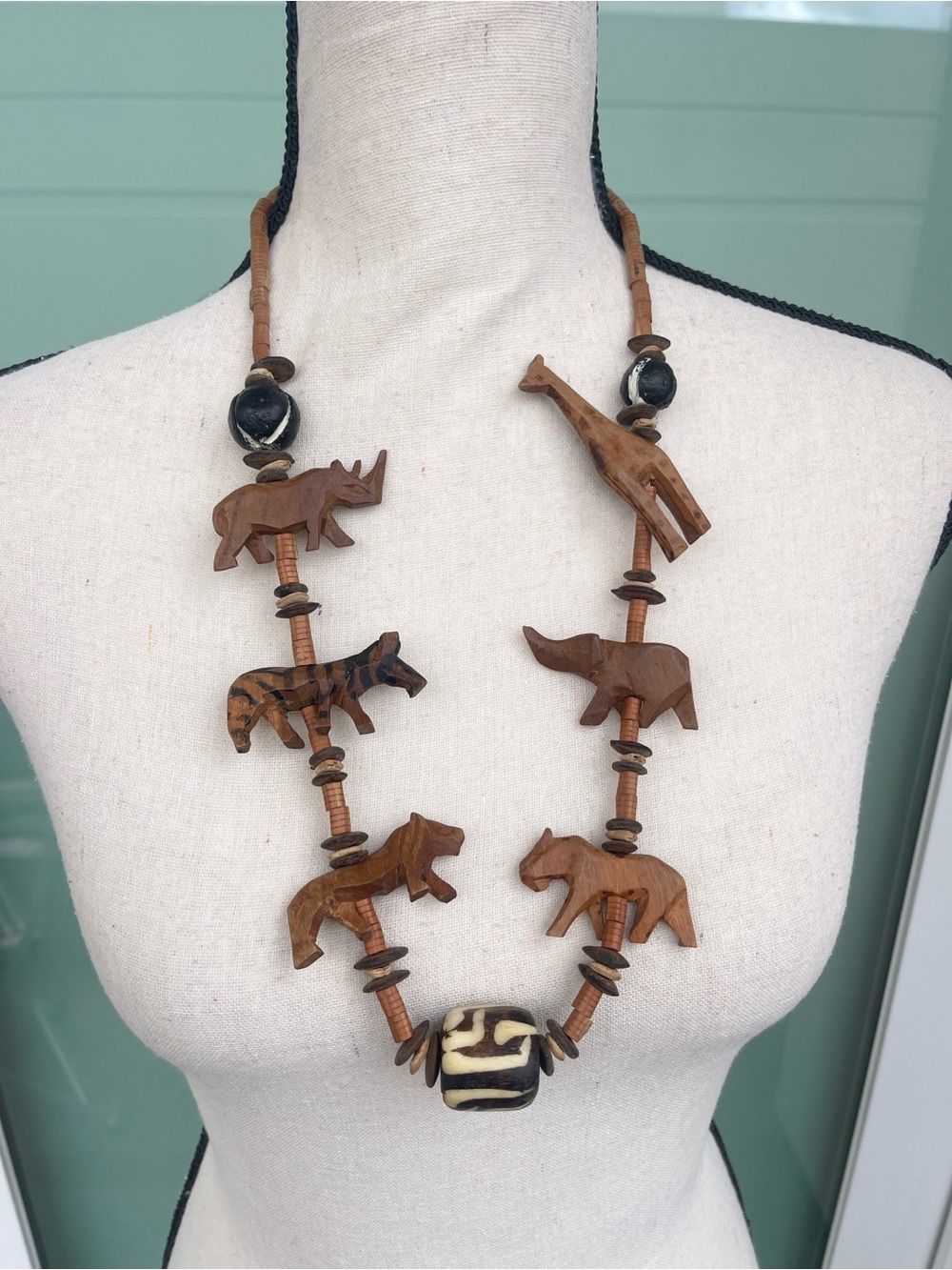 Safari Animal Necklace Handmade Wood Carved and Painted Brown / Tan